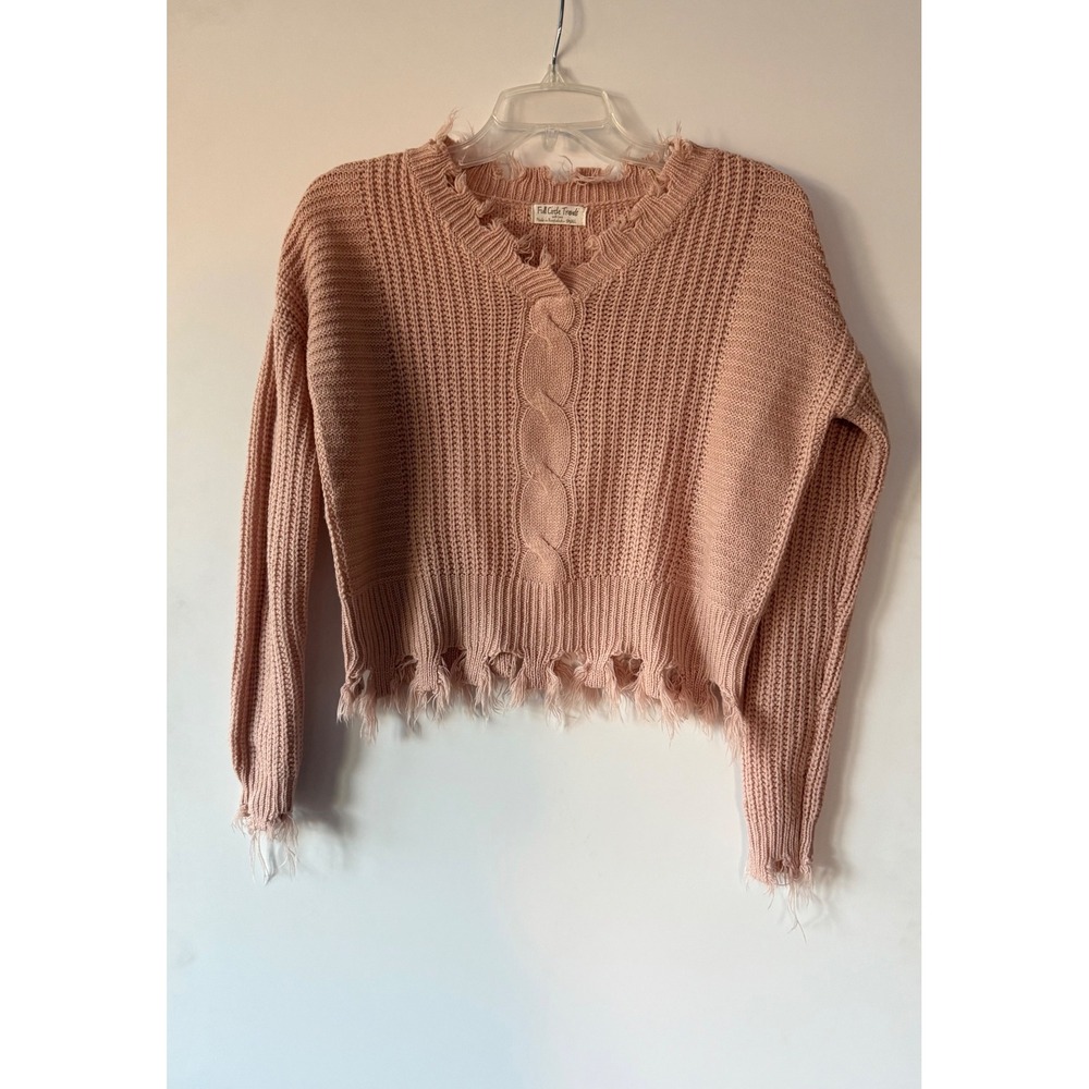 Full Circle Trends Cable Knit Distressed Cropped Sweater Womens S Pink Blush Y2K